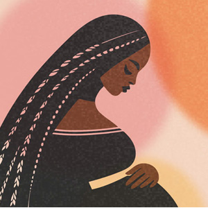 An illustration of a black woman with long beautiful braids holding her baby bump.