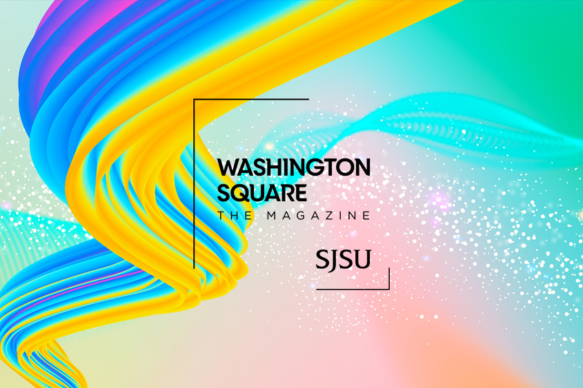 Washington Square: The Magazine over a wave of colors of bright yellow, blue and purple over a gradient of green and orange with glitter.