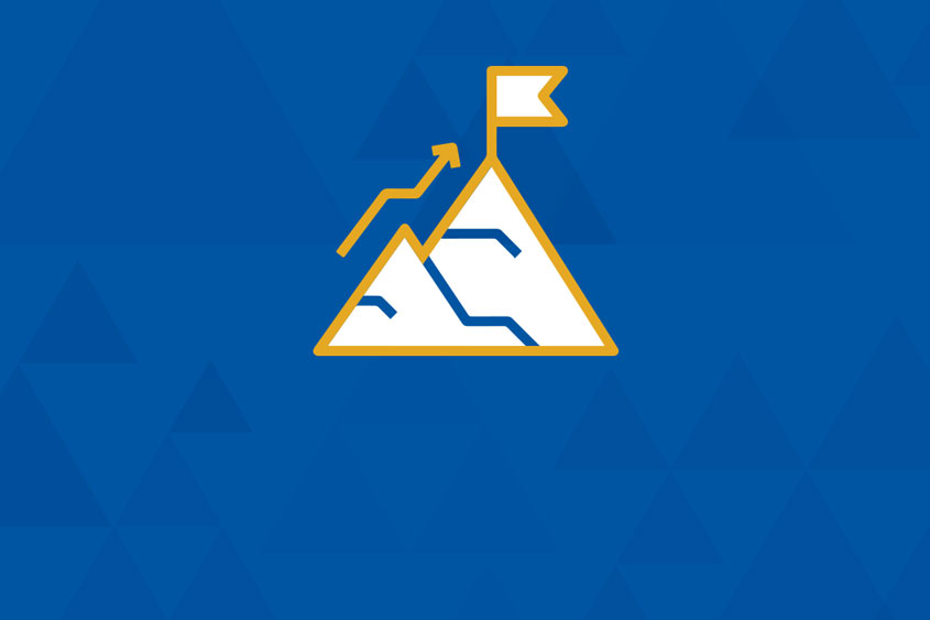 Icon of a mountain and an arrow pointing up with a flag at the tip.