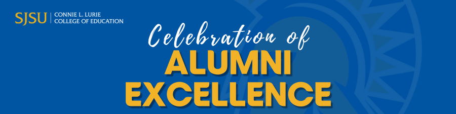 Blue banner with white and yellow lettering Celebration of Alumni Excellence