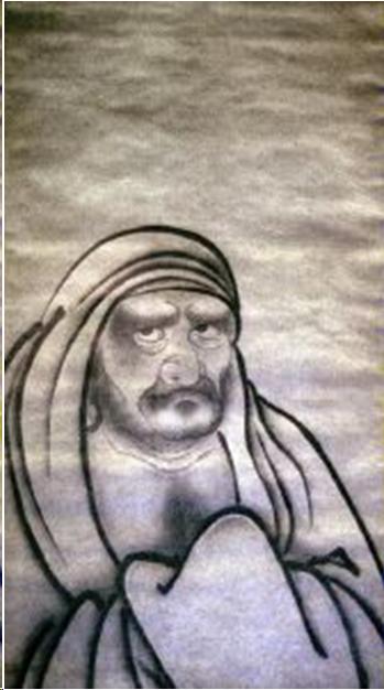 An ink painting of a monk with heavy eye-brows and a hooked nose. He has a light beard and a mustache. His head is covered with a robe but you can see he has long earlobes. His gaze is piercing.