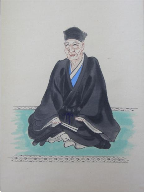 An ink and water-color picture of an old man seated on a green tatami mat. He is wearing a black robe and cylindrical hat. He holds a fan in his hand. His face is deeply wrinkled and a little gaunt. He squints and seems to smile slightly.