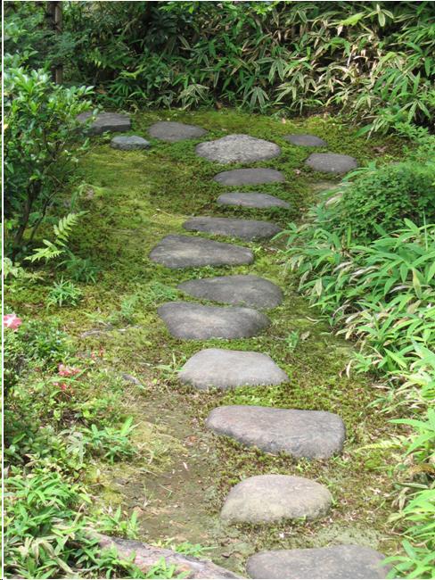Individual stones set in the moss lead to the tea house. Ferns and bamboo line the path.