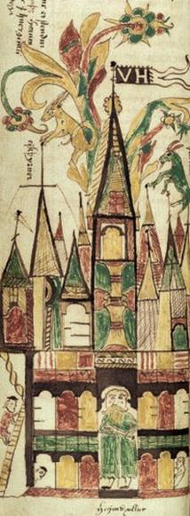 In this illustration from a 17th century Icelandic manuscript Heimdallr is shown guarding the gate of Valhalla.