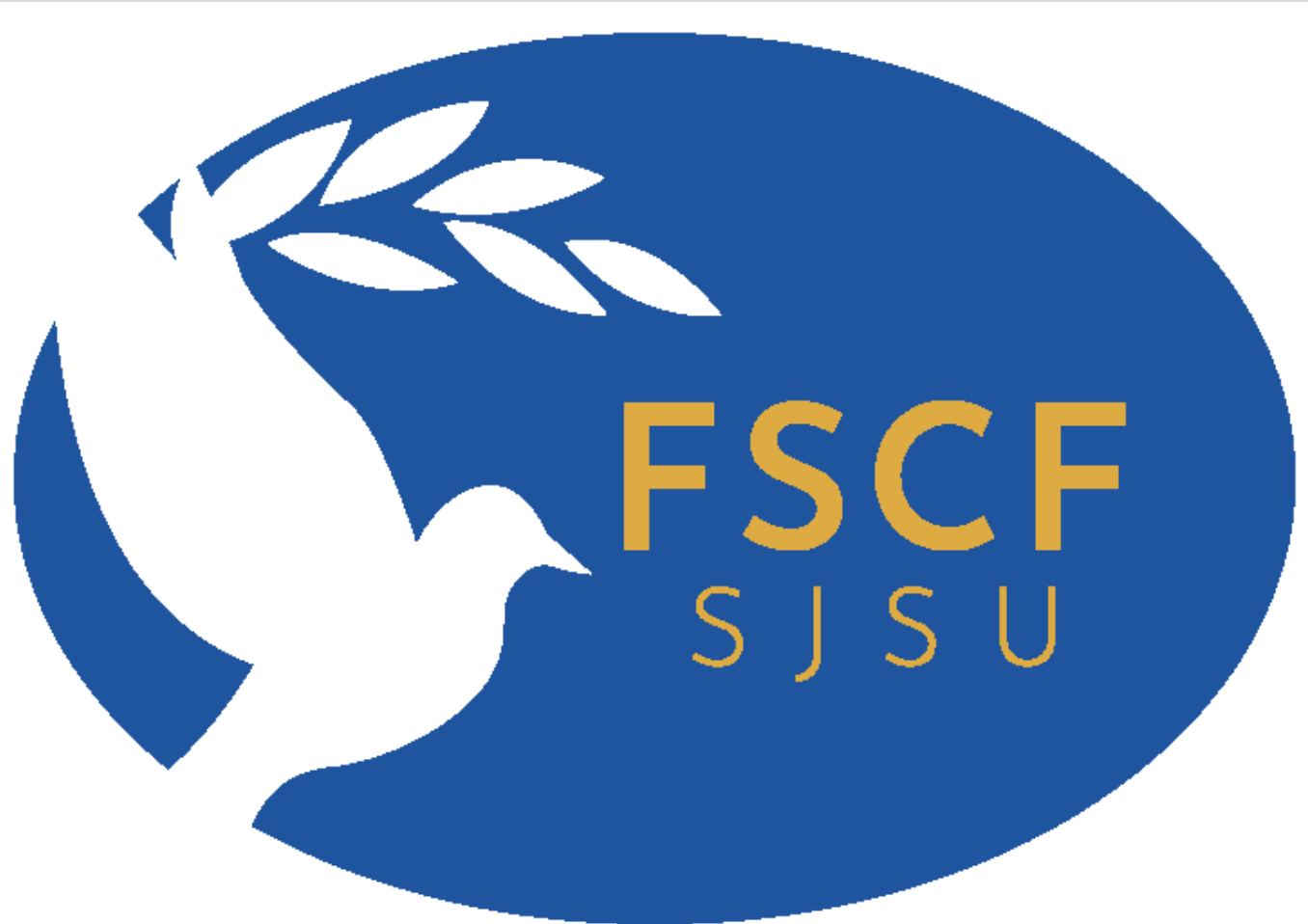 A white dove on a blue background with the letters FSCF SJSU in gold