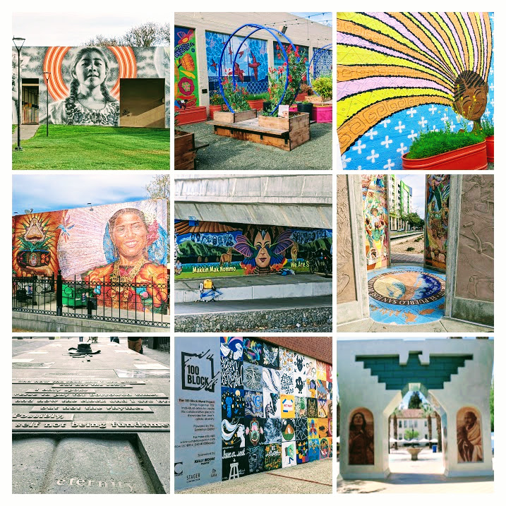 collage of nine murals with multiple colors each in its own square