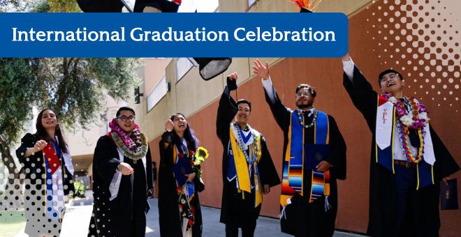 Six SJSU graduates in regalia celebrating outside on campus