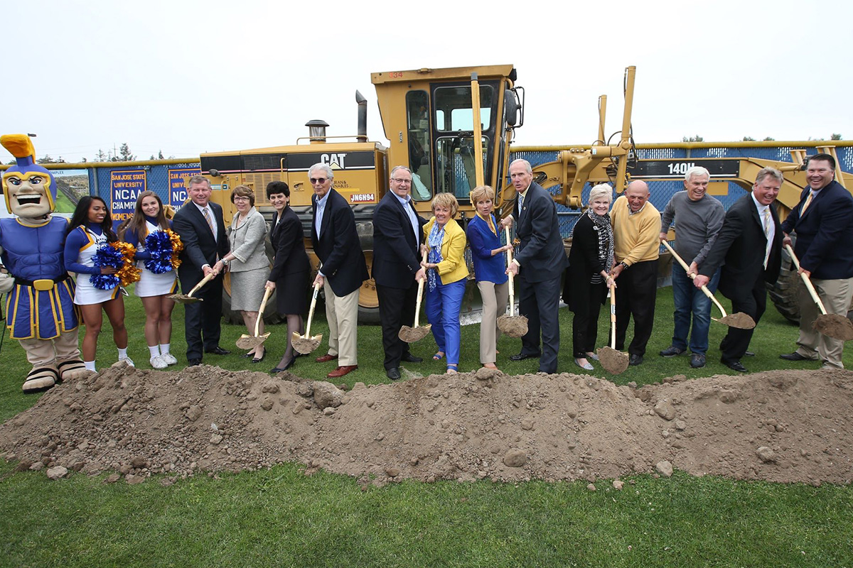 photo of groundbreaking ceremony, featuring key donors and SJSU coaches and administrators (photo by Austin Ginn)