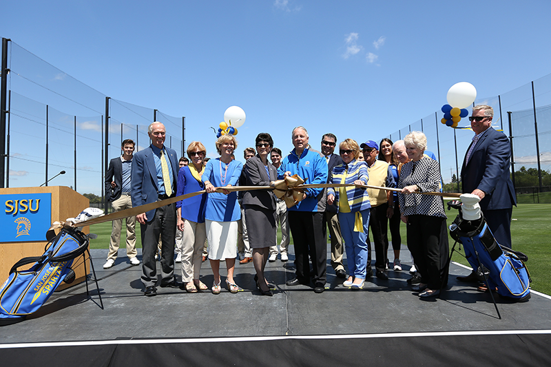 Photo of ribbon cutting ceremony with key donors, SJSU executives, and the Spartan Golf teams.