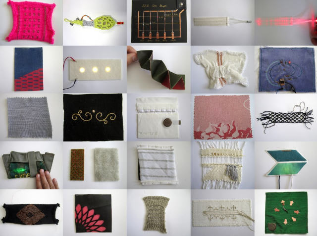 Swatches and photo created by the alumni of the Electronic Textile Camp