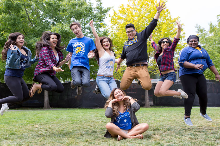 students jumping