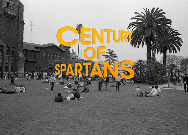 Century of Spartans over a historical black and white photo of students laying on the grass and socializing.