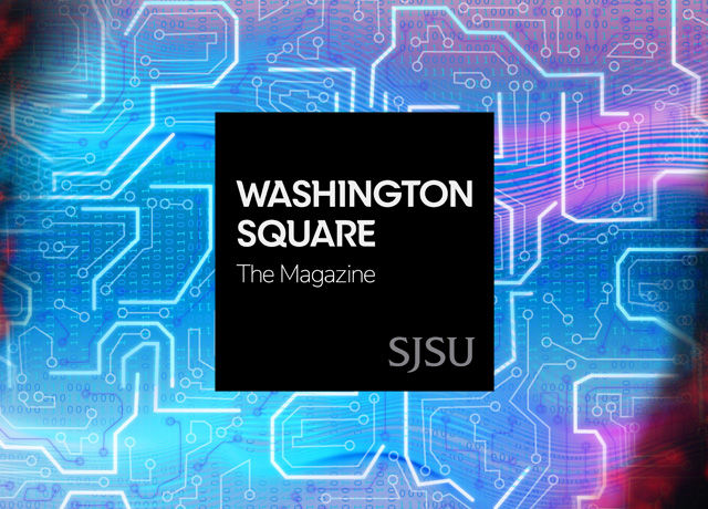 Washington Square, The Magazine logo over a circuit board with flames and smoke emerging from the corners.