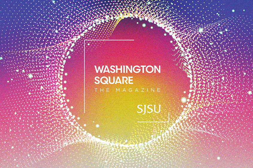 Washington Square: The Magazine in the center of a circle that expands out as a curtain of dots symbolizing data over a gradient of bright pink and purple background.