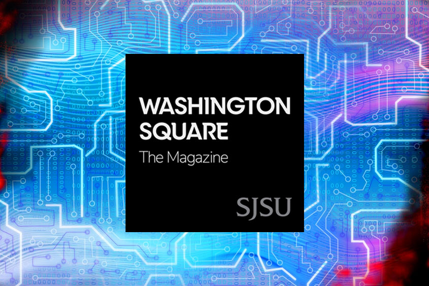Washington Square: The Magazine logo over a colorful circuit board that is on fire.