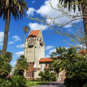 SJSU Tower Hall surrounded by palm trees and greenery.