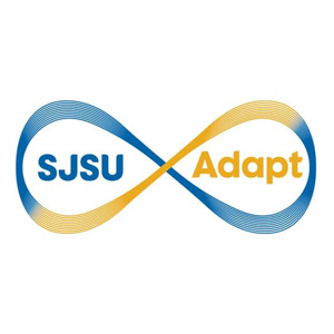 Blue and gold infinity symbol looping around SJSU Adapt.