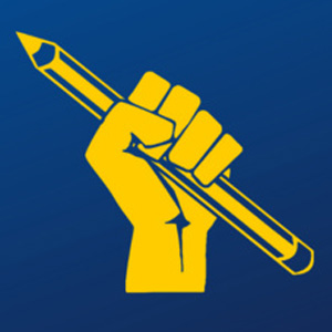 Gold power fist holding a pencil.