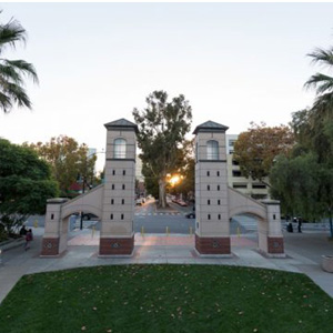 Entrance of campus with the Boccardo gates.