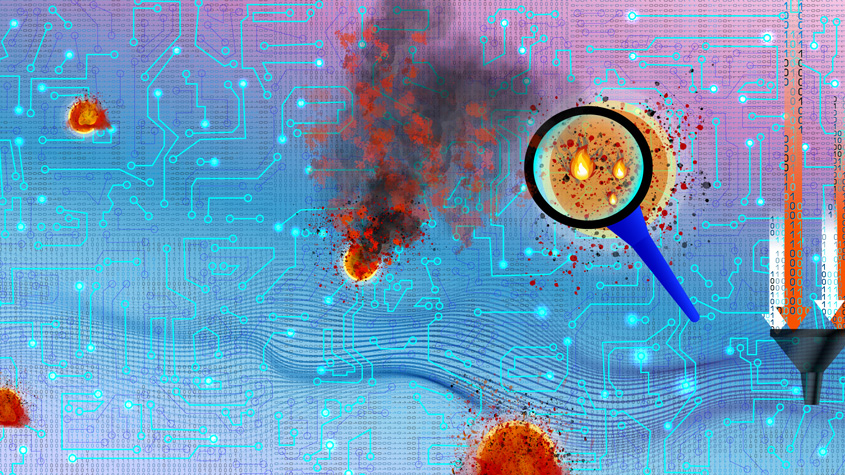 A blue and purple circuit board on fire with a magnifying glass analyzing the fire.