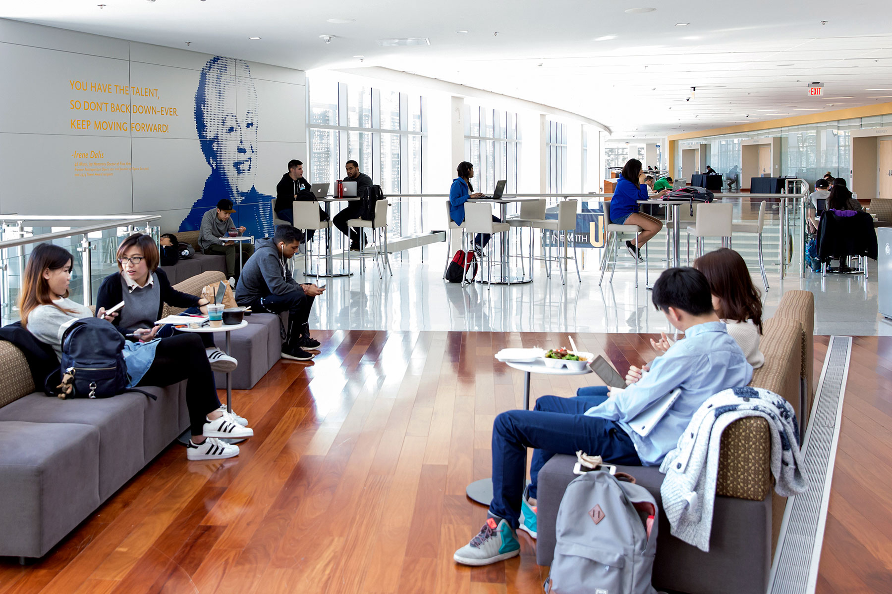 Students and employees enjoying the lounge area in the student union.