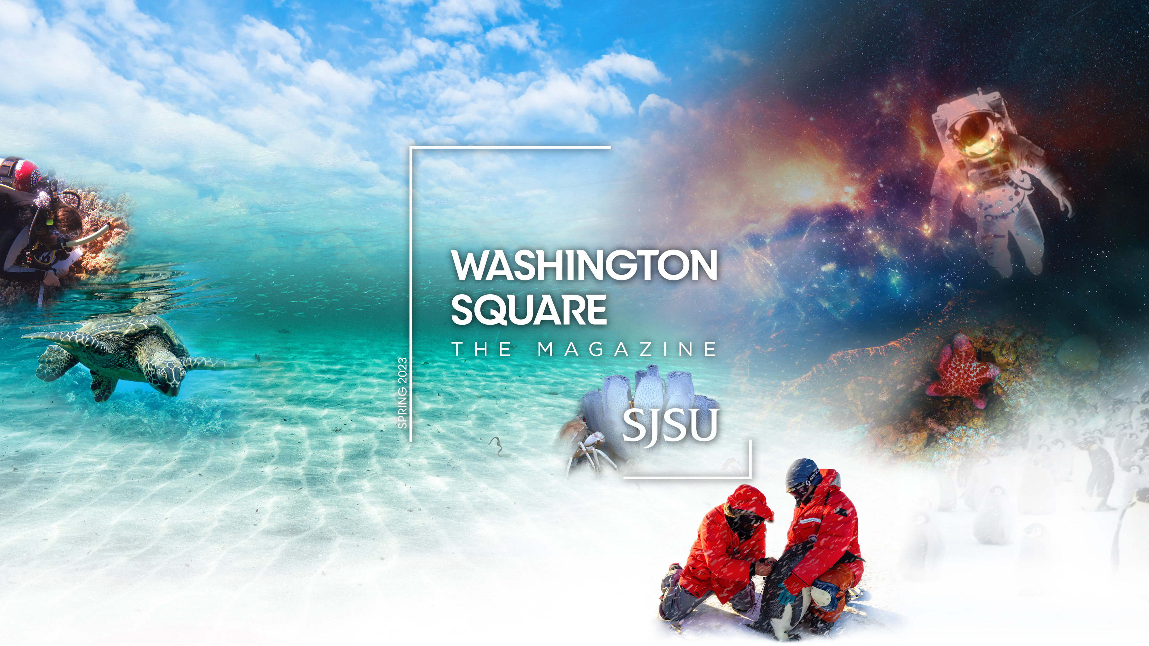 Washington Square: The Magazine logo over an animation of a collage of researchers with penguins, an astronaut in space, a scuba diver with a turtle and flickering flames.