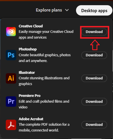 Creative Cloud download from Adobe home page