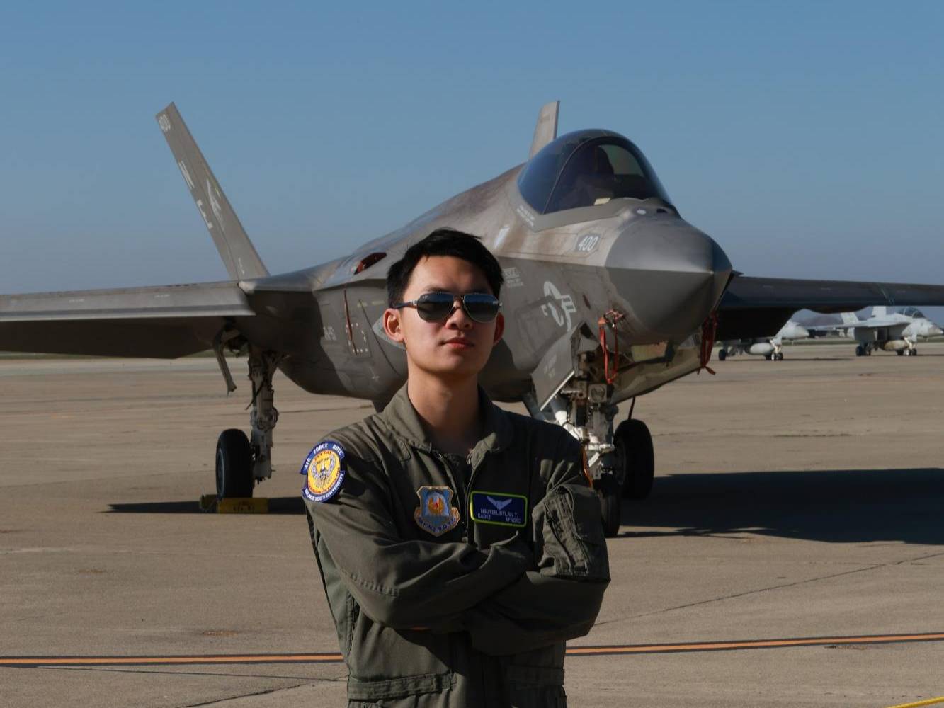 Cadet Pilot Select in front of Air Force F-35