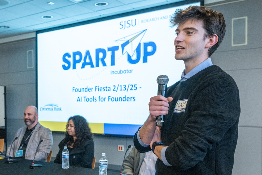 spartup Student giving a Pitch presentation