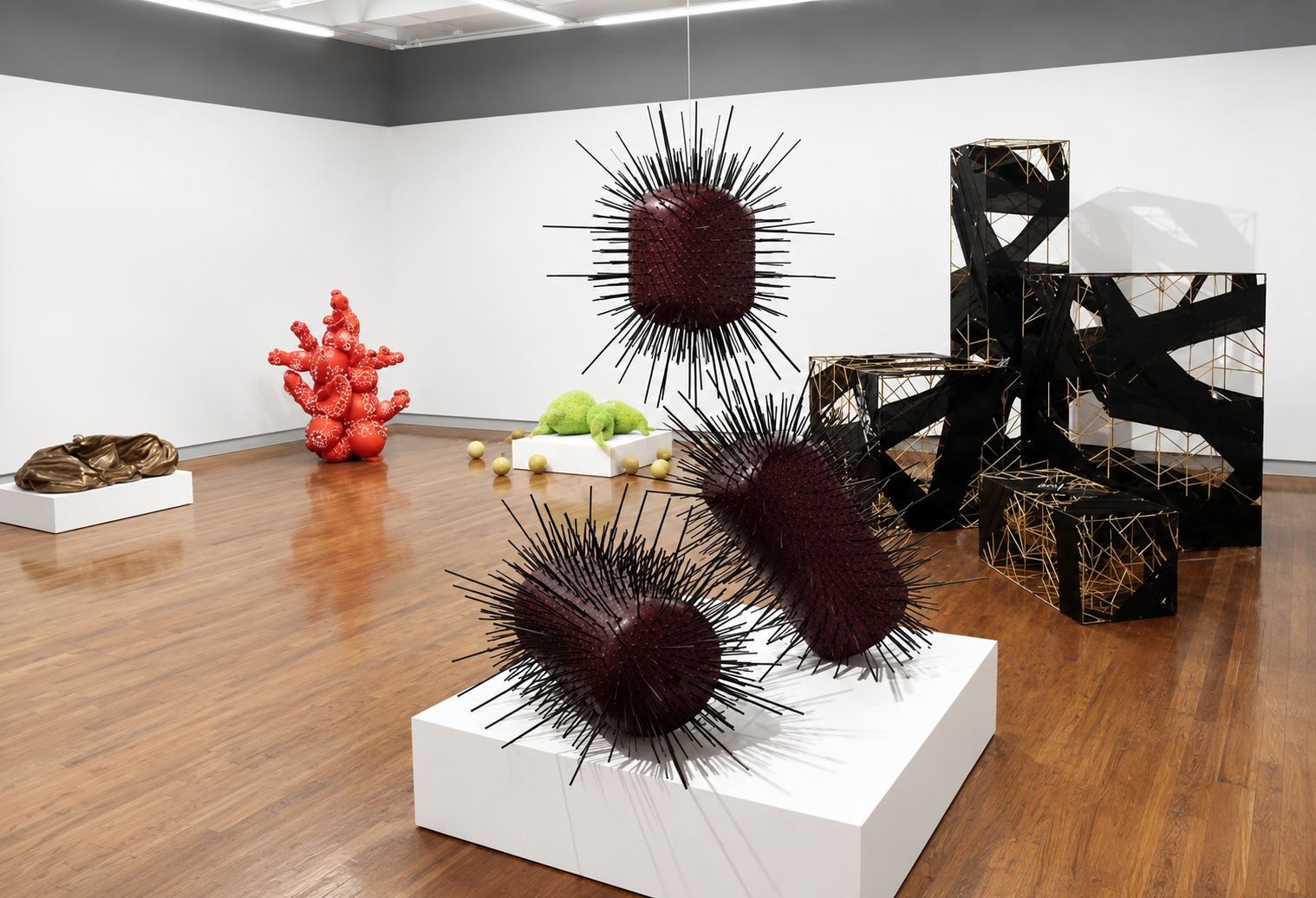 A brightly lit gallery installation featuring large brightly colored sculptures.