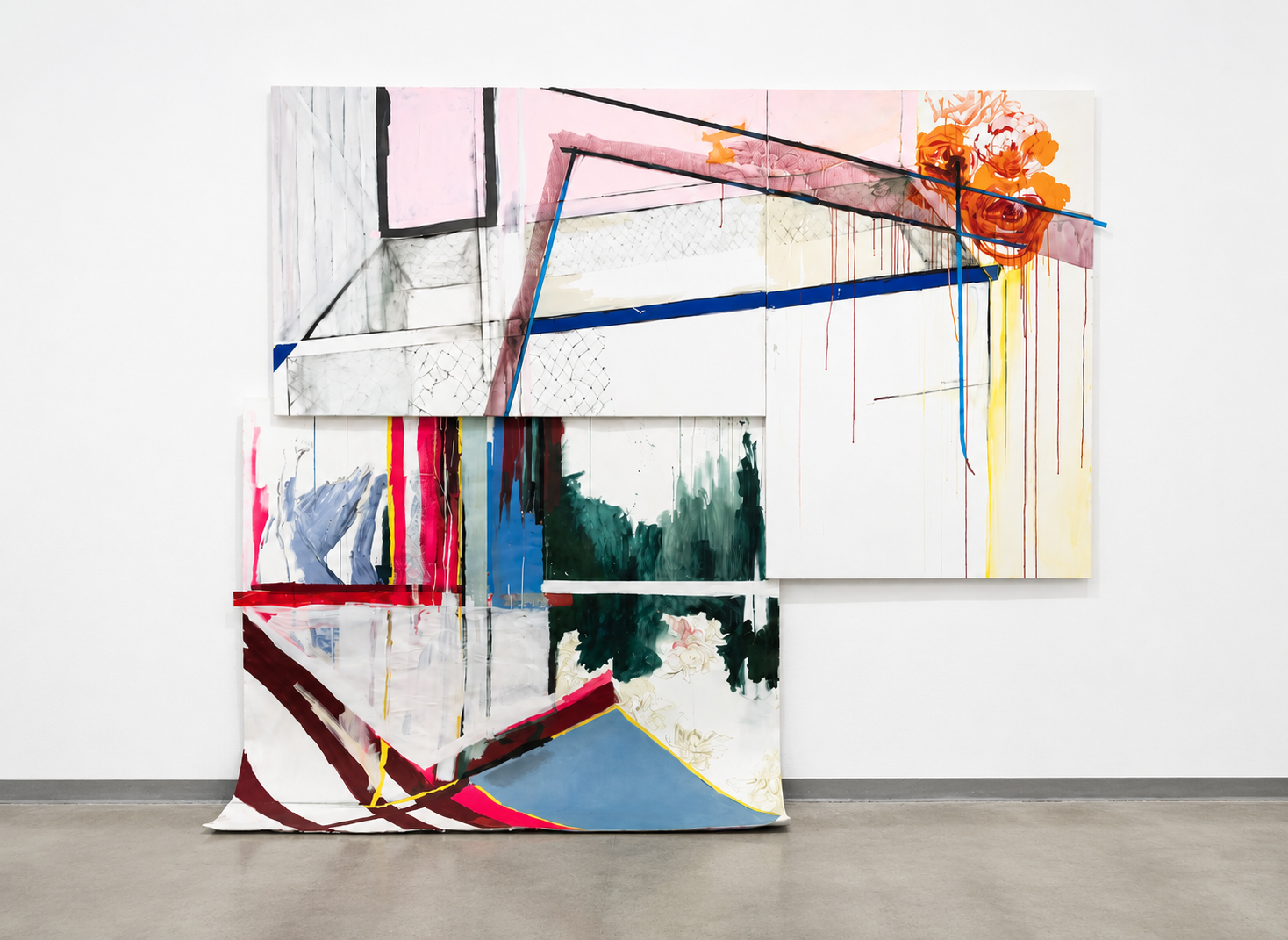 A large painting displayed on the wall alongside a sizable piece of paper, showcasing artistic elements and textures.