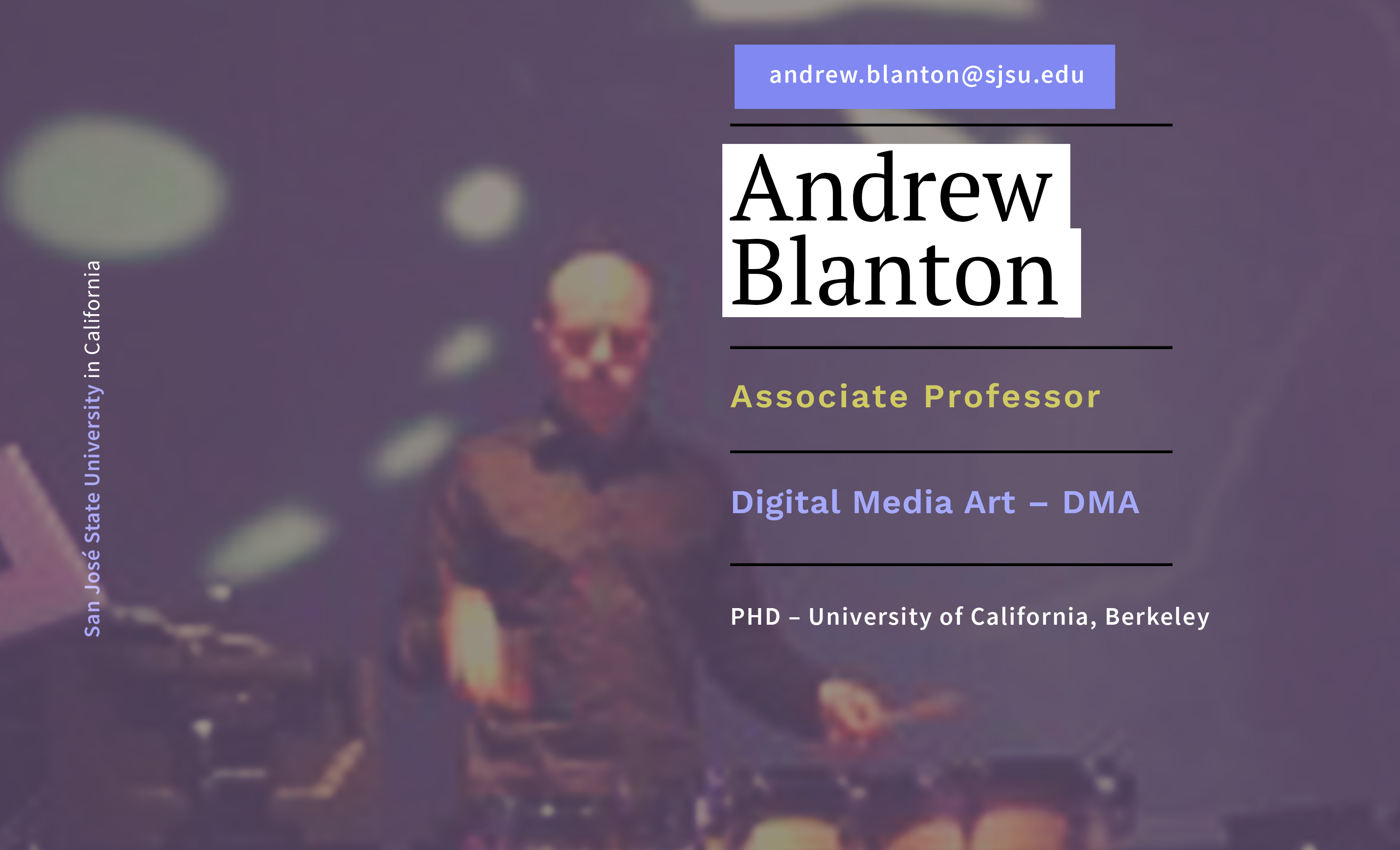 Faculty card of Andrew Blanton playing a percussion instrument