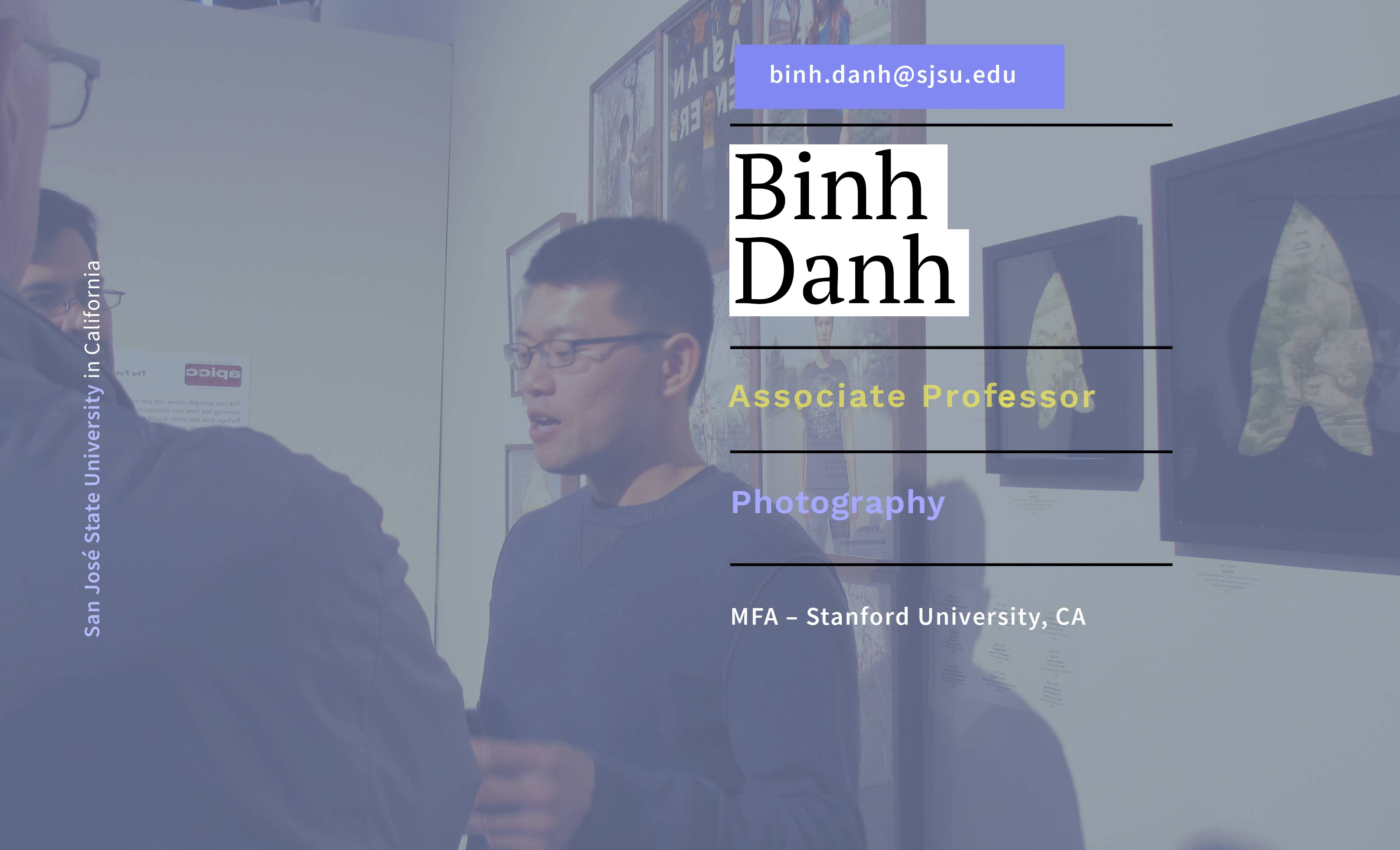 Faculty photo card of Binh Danh at an art exhibition