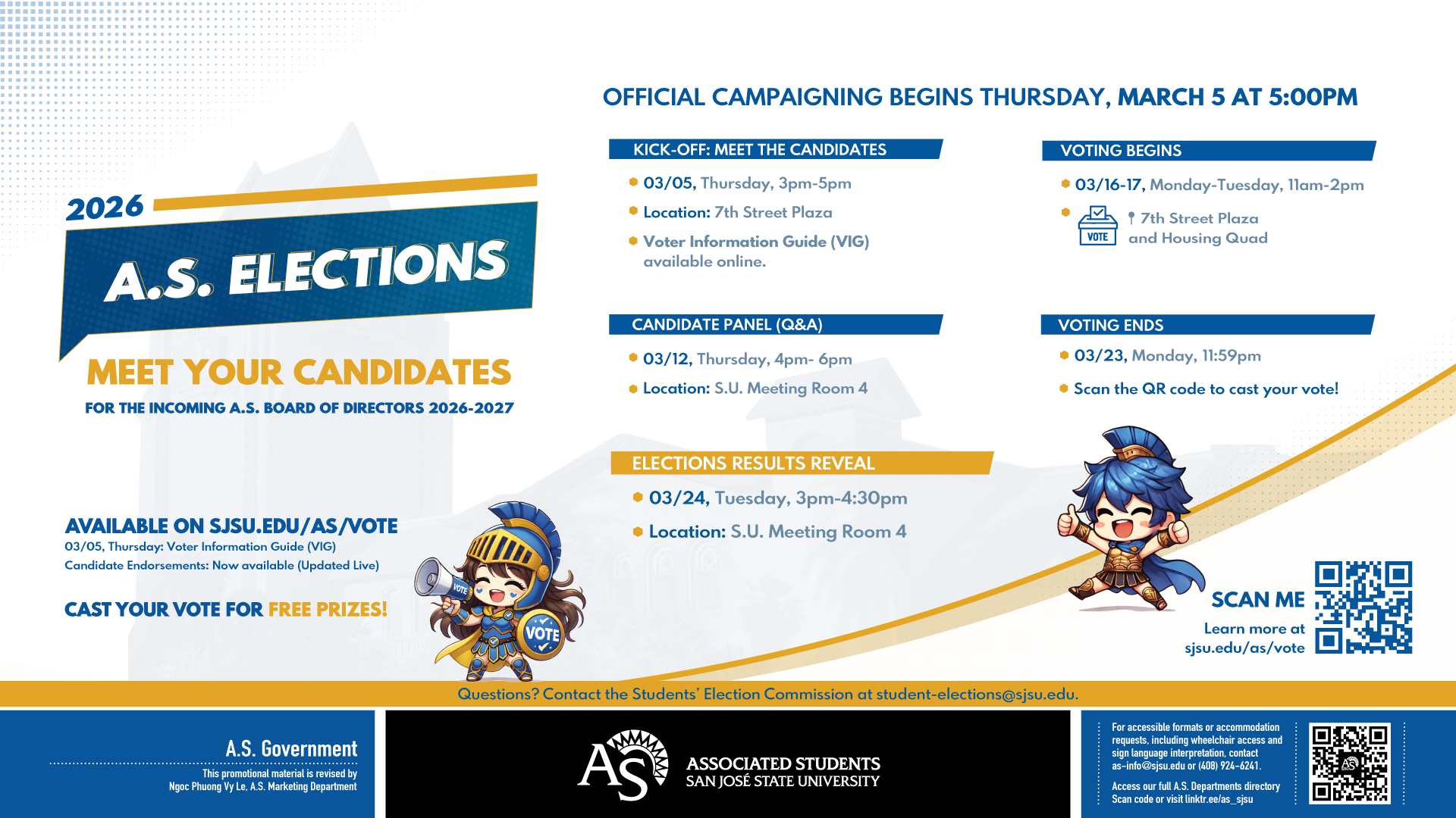 Digital promotional graphic for the 2026 A.S. Elections at San José State University. The design features blue and gold school colors with the headline “A.S. Elections 2026 – Meet Your Candidates” for the incoming A.S. Board of Directors 2026–2027. It announces that official campaigning begins Thursday, March 5 at 5:00 PM.  Event details include:  Kick-Off: Meet the Candidates – March 5, 3–5 PM at 7th Street Plaza (Voter Information Guide available online)  Candidate Panel (Q&A) – March 12, 4–6 PM in Student Union Meeting Room 4  Voting Begins – March 16–17, 11 AM–2 PM at 7th Street Plaza and Housing Quad  Voting Ends – March 23 at 11:59 PM  Elections Results Reveal – March 24, 3–4:30 PM in Student Union Meeting Room 4  The graphic directs viewers to sjsu.edu/as/vote and includes QR codes for more information. It also notes free prizes for voting and provides contact information for the Students’ Election Commission. Cartoon Spartan characters in armor appear at the bottom holding a megaphone and giving a thumbs-up. Logos for A.S. Government and Associated Students are displayed along the bottom.