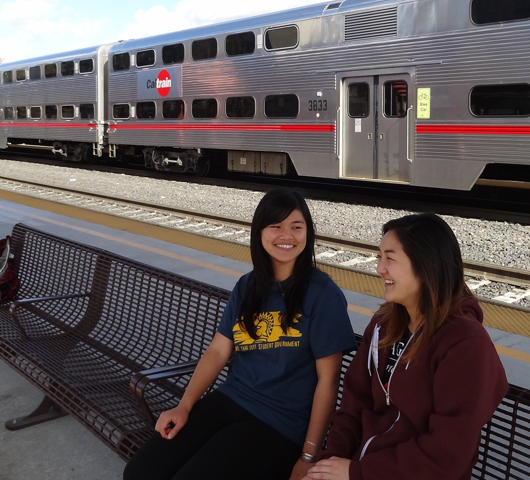 students with Caltrain in background