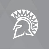 A white Spartan helmet on a grey field