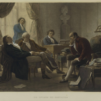 Painting showing Beethoven at the keyboard playing for a small group of people