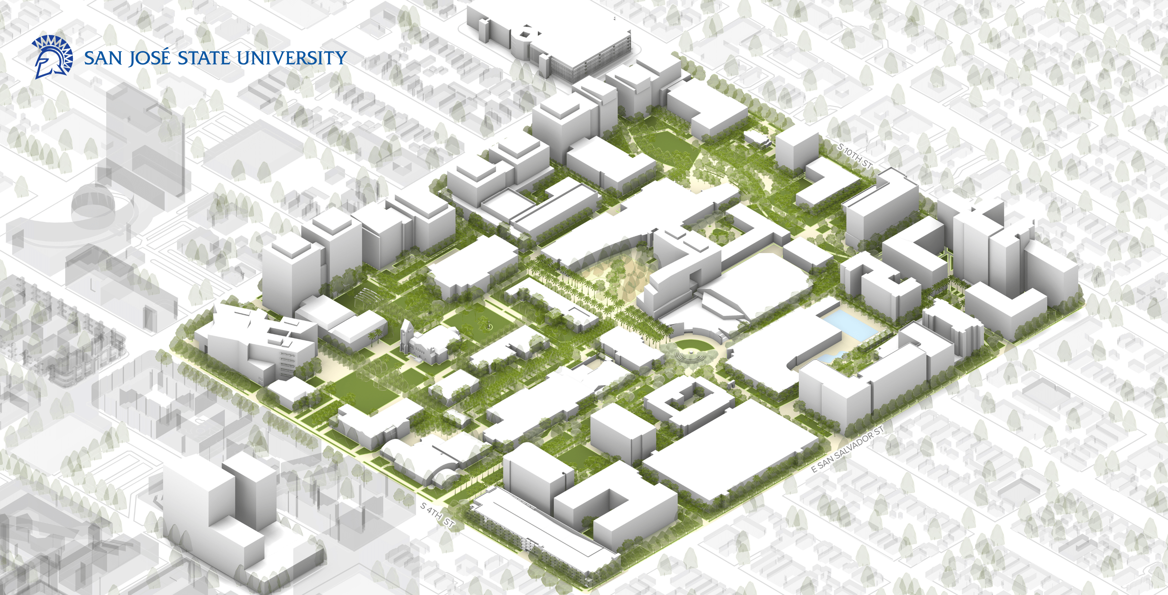 Aerial view of a rendering showing a reimagined main campus.