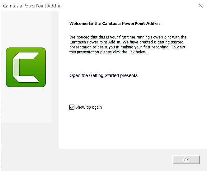 Camtasia getting-started pop-up shown when opening PowerPoint after installing Camtasia