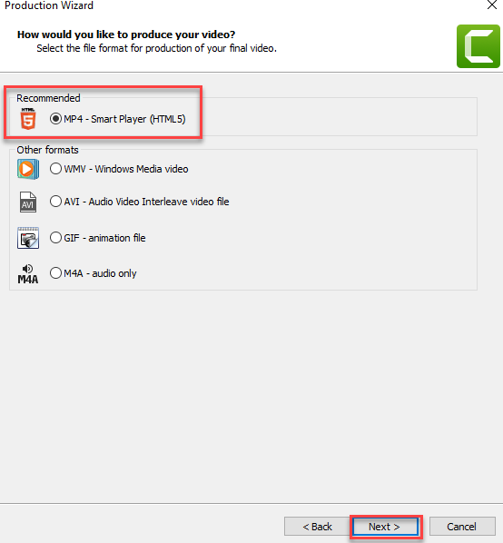 Production format set to MP4 Smart Player