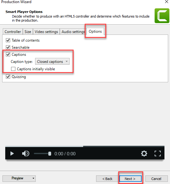 Options tab with captions enabled