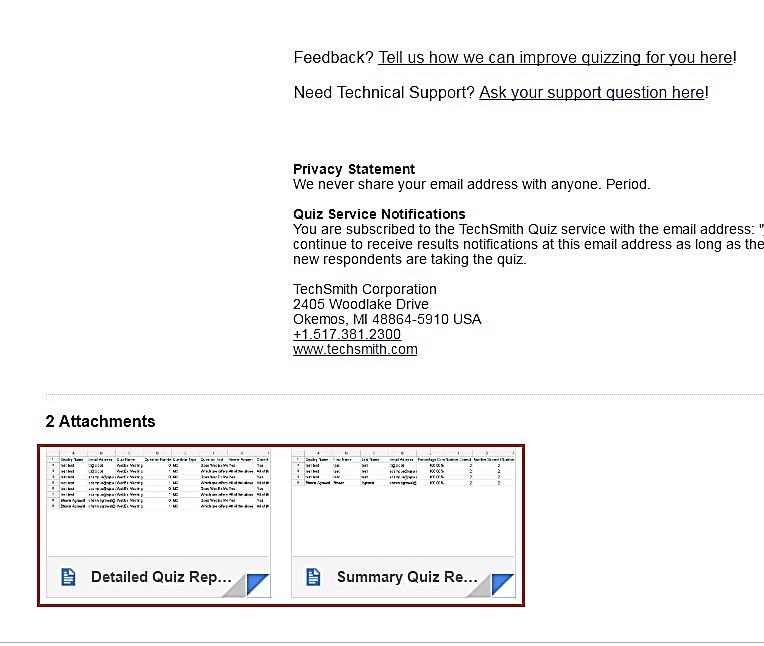 Email containing the quiz summary and detailed score attachments