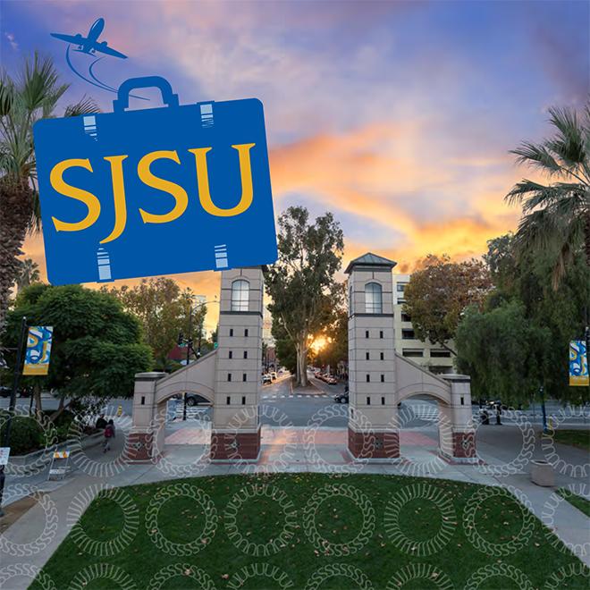 A suitcase with "SJSU" on it sits atop an image of SJSU's rotary gate