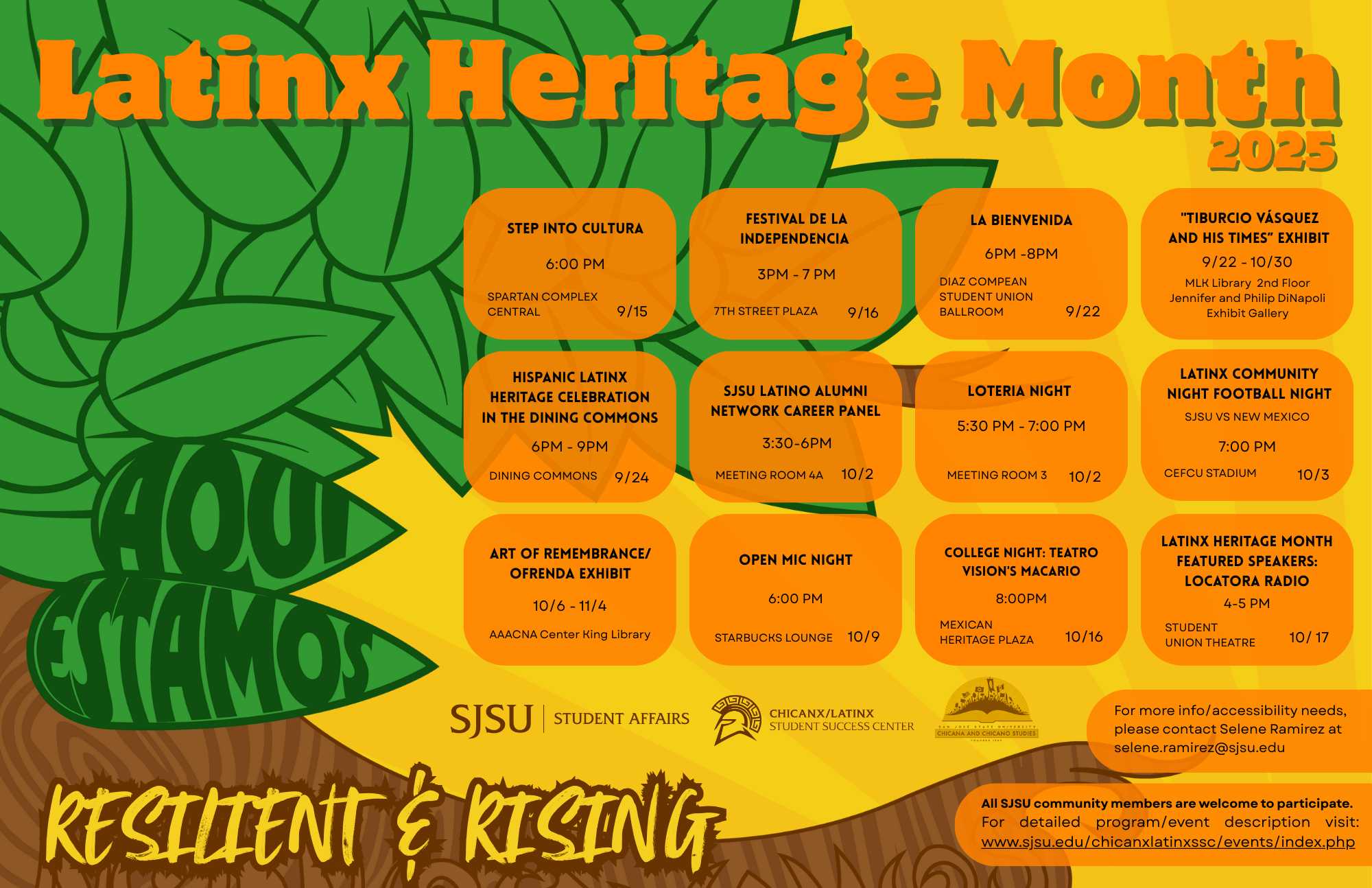 Graphic calendar of events for Latinx Heritage Month at SJSU