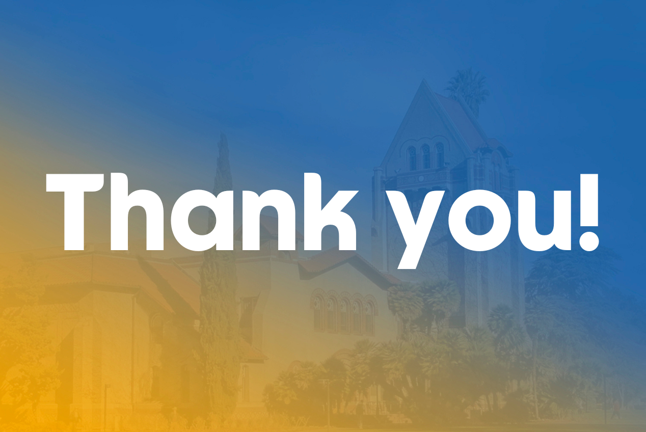 Tower hall with a blue and gold gradient filter and text that reads "Thank you"