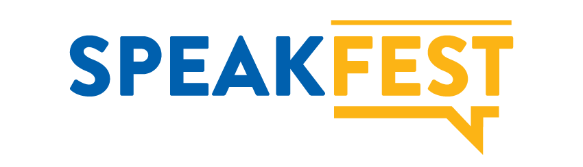 A logo, "Speakfest" in blue and yellow text.