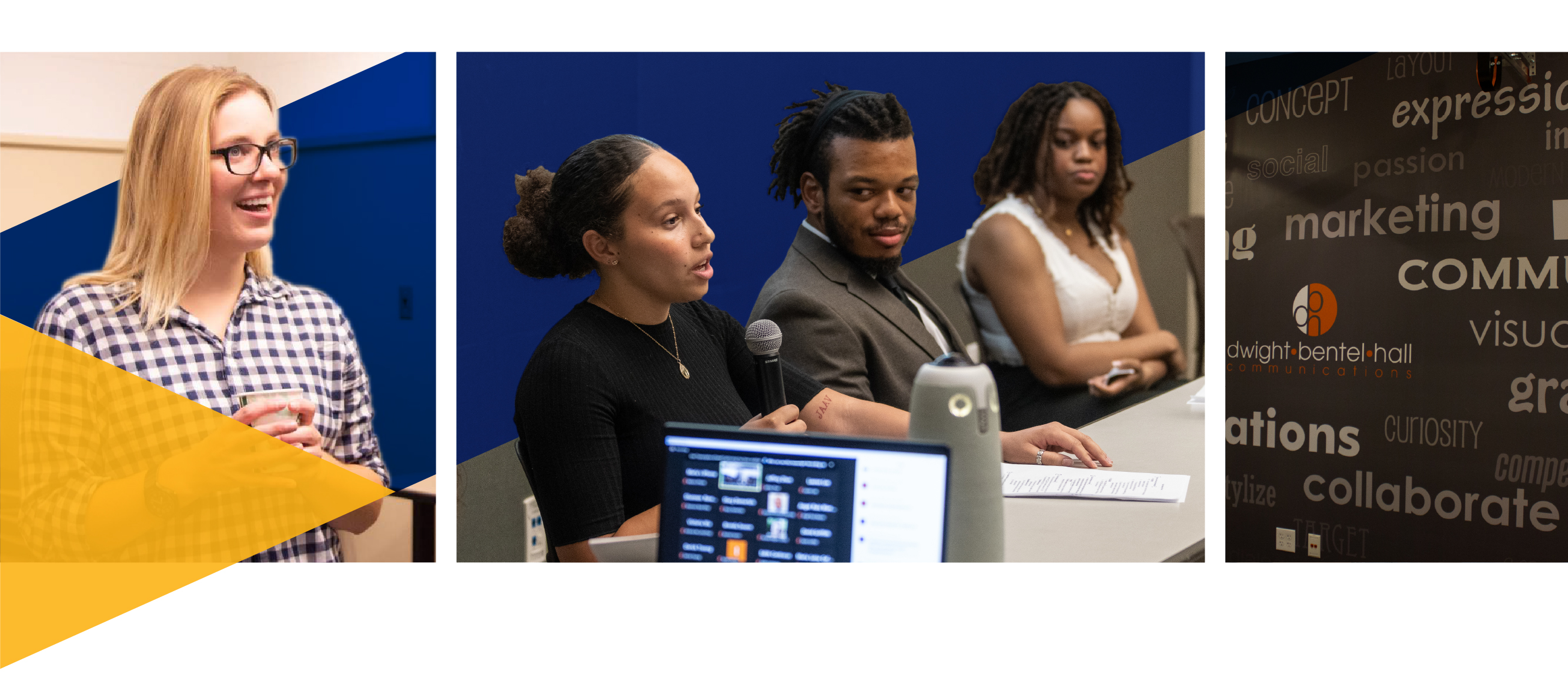 banner with three photos of two students and a collage of marketing words
