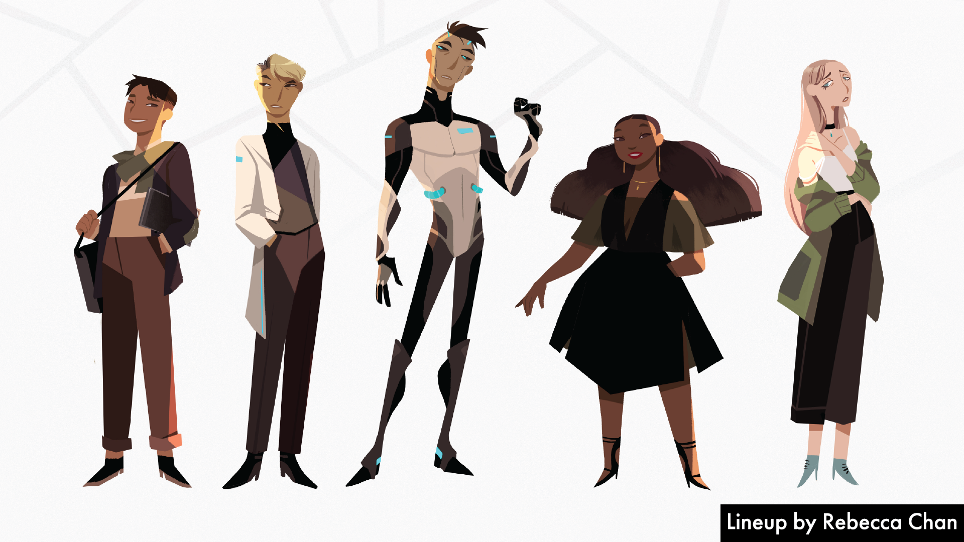 Drawings of people in futuristic outfits