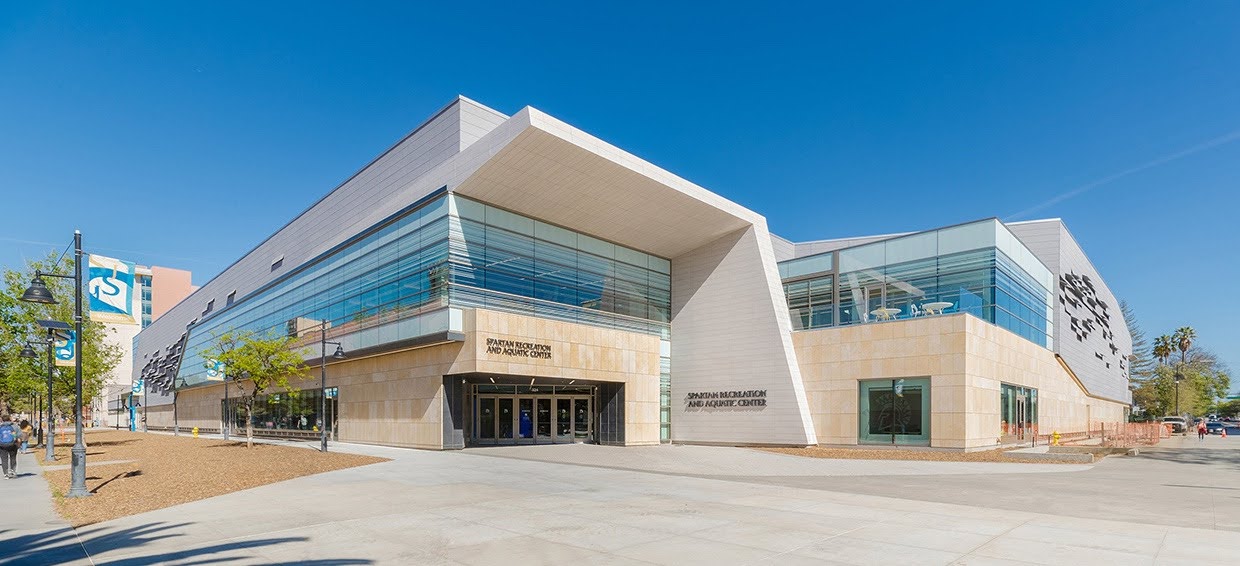 Exterior view of the SJSU Student Recreation and Aquatic Center.