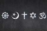 five religious icons in white font on a black background.